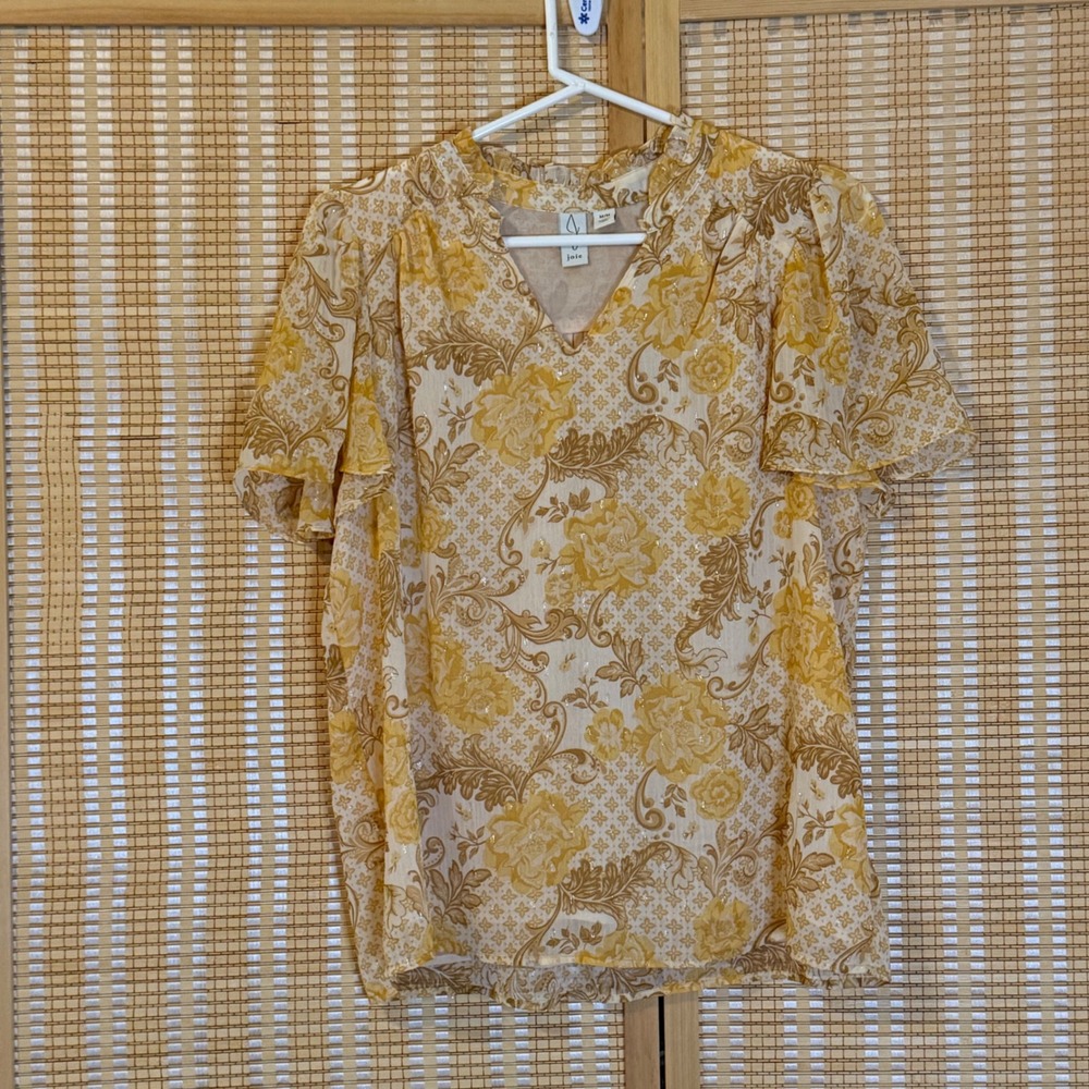 Joie Yellow Floral Paisley Metallic V-Neck Flutter Sleeve Blouse Top Medium